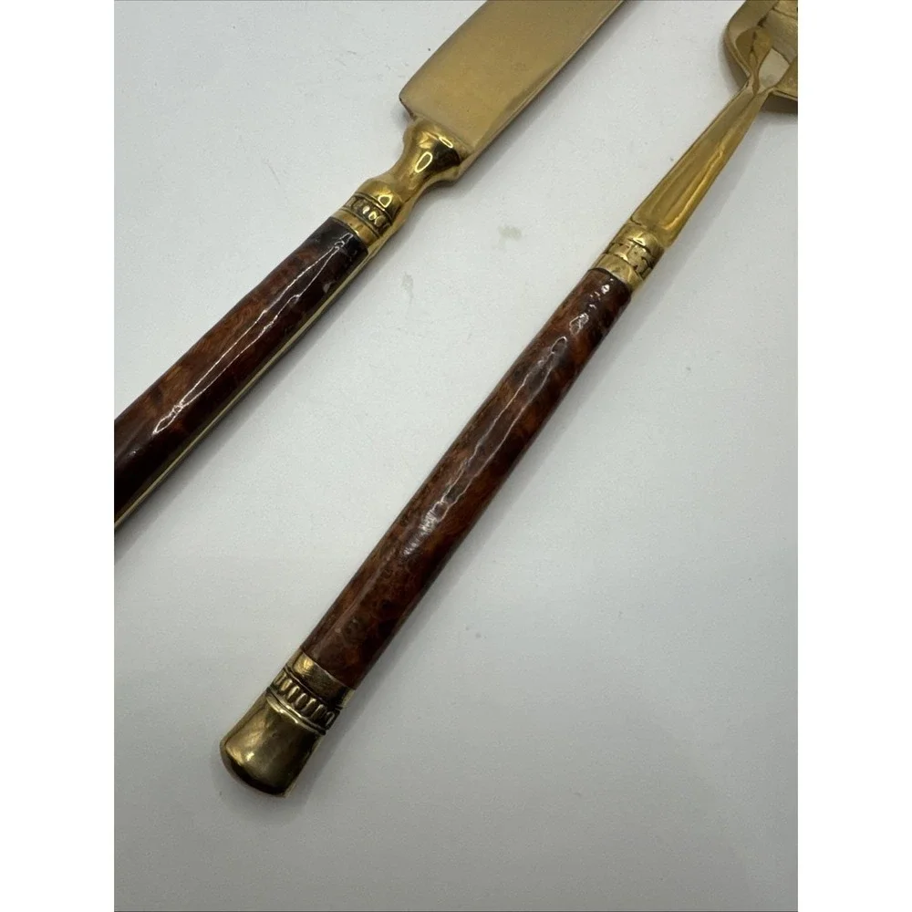 Vintage Burl wood handled‎ carving set. Gold tone.
